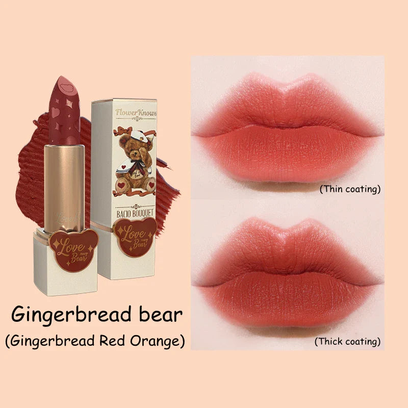 Flower Knows Love Bear Series Matte Moisturizing Lipstick Silky Smooth Renewal Natural Lip Makeup Professional Cosmetic Women