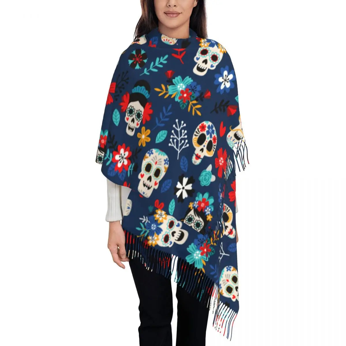 Day of the Dead Sugar Skull Colorful Flower Scarf – Warm Pashmina Shawl, Wrap for Women - Premium scarf from Lizard Vigilante - Just $23.66! Shop now at Lizard Vigilante