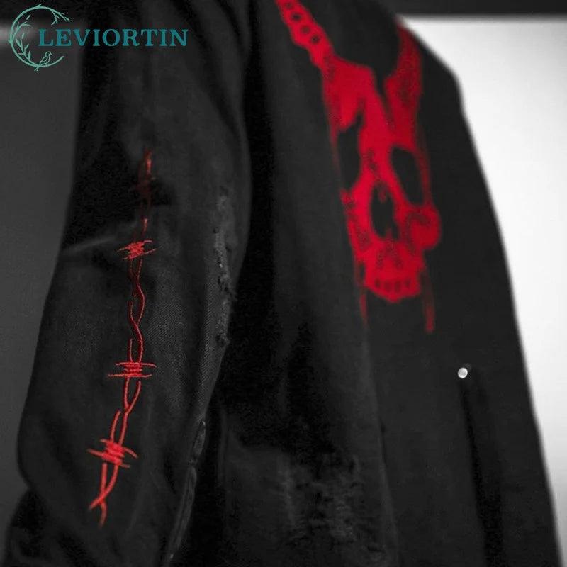 Demon Skull or Snake Hunter Black Denim Jacket Rock Punk Heavy Metal Harajuku Gothic Sweatshirt Sudadera Suspenders Hole Streetwear - Premium denim jacket from Lizard Vigilante - Just $44.99! Shop now at Lizard Vigilante