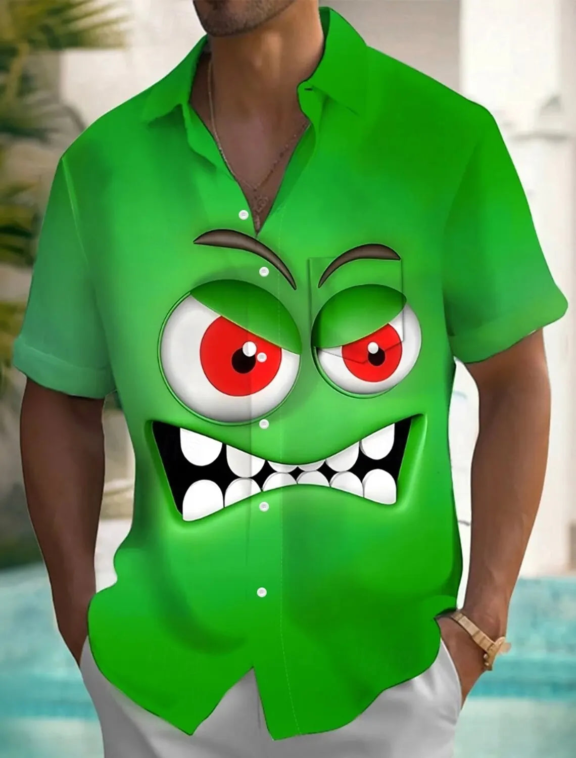 Men’s Chaos Grin Cartoon Face Button-Up Shirt