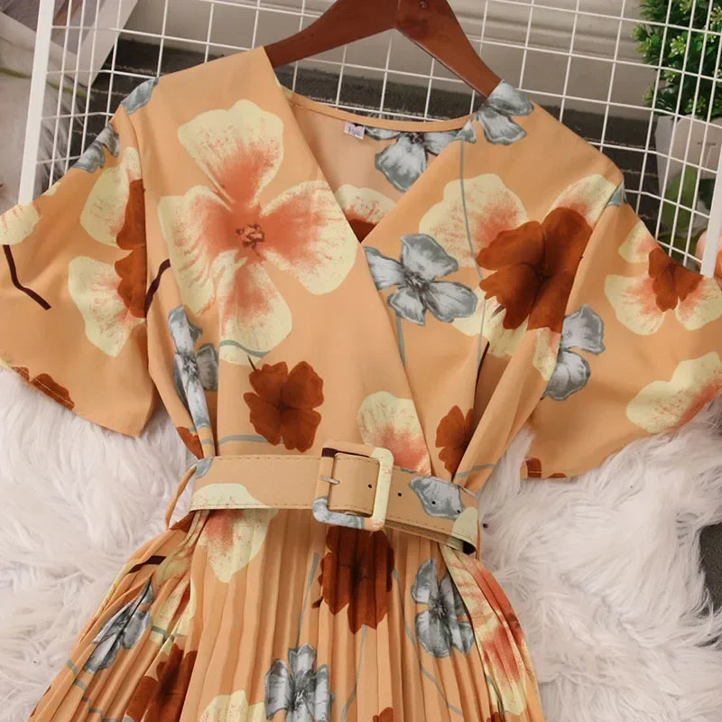 Women Dress Fashion Vintage Ins Bandage Slim Waist A-line Long Dress Vacation Beach Summer Outfits Lady Robe Femme