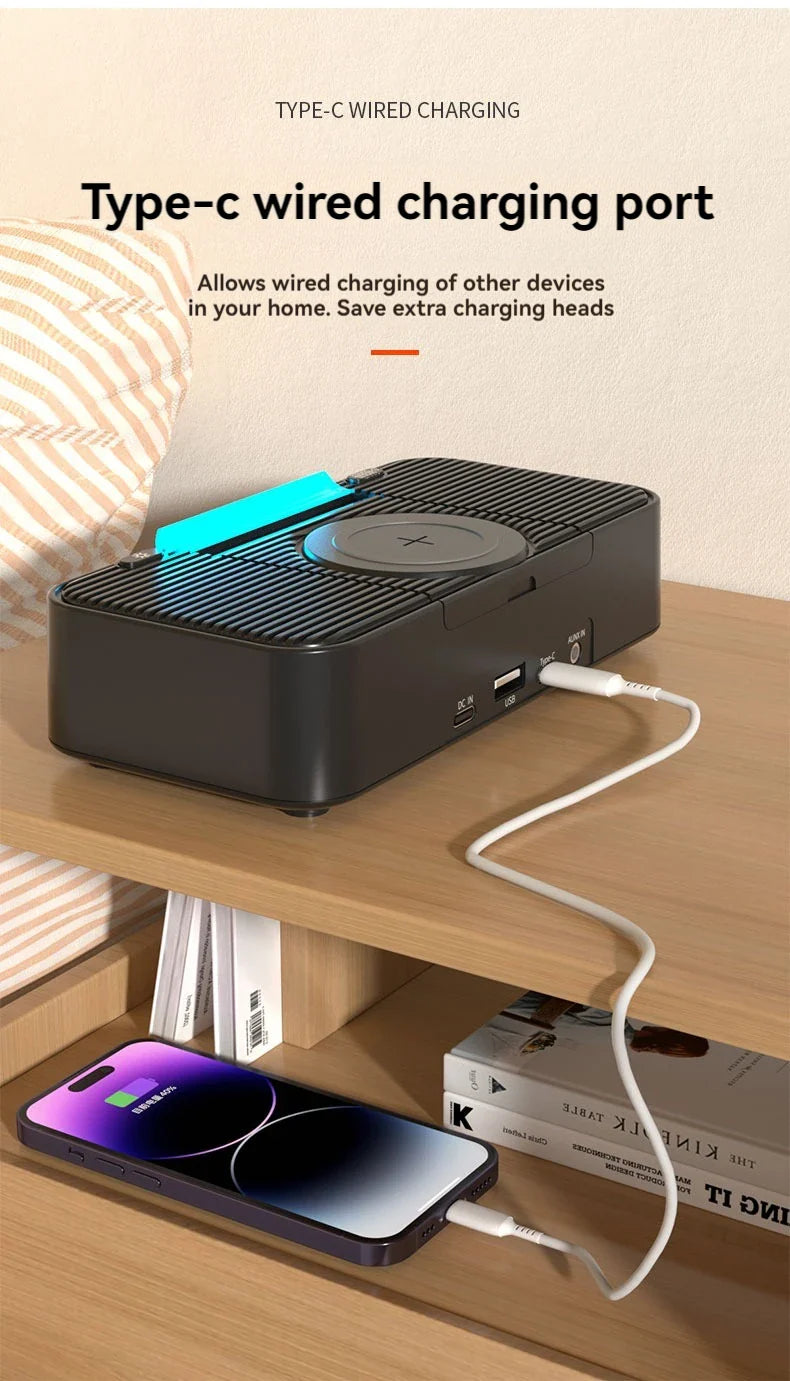 Portable Bluetooth Speaker with Wireless Charging Atmosphere Light Clock Alarm Function Double Speaker USB Charging