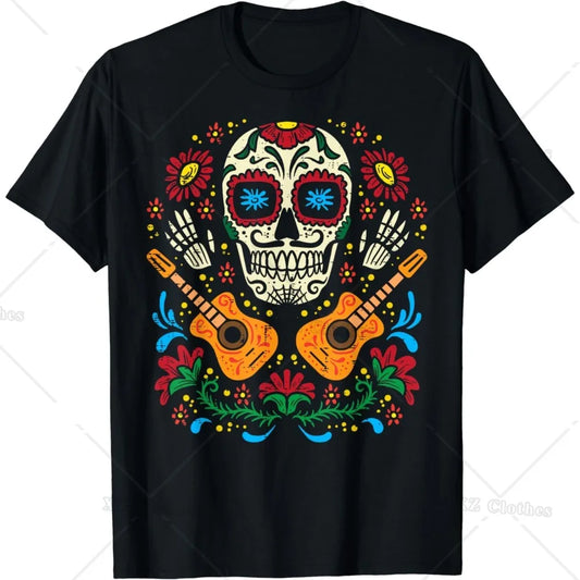 Sugar Skull Flowers Guitar Dia De Muertos Mexican Halloween T-Shirt for Women Men - Premium  from Lizard Vigilante - Just $22.79! Shop now at Lizard Vigilante