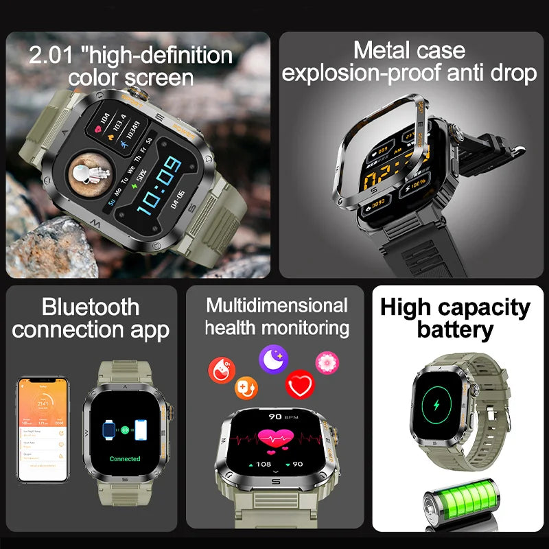 Rugged and Durable Military Smart Watch – 2.01" HD Display, IP68 Waterproof, Bluetooth Voice Smartwatch for Android & iOS - Premium smart watch from Lizard Vigilante - Just $58.99! Shop now at Lizard Vigilante