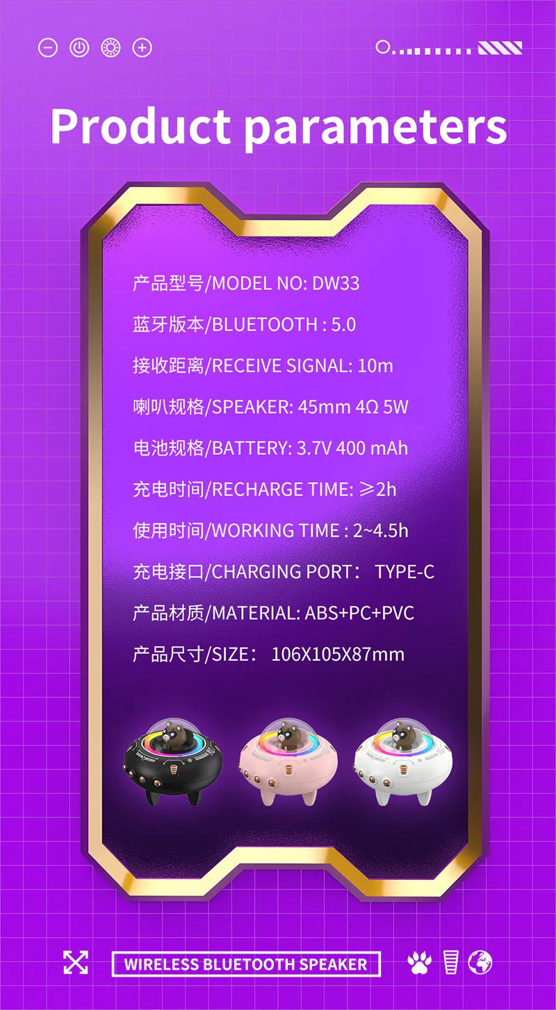 New Mini Computer Speaker Portable Bluetooth Speaker RGB LED Light UFO Spaceship Audio Wireless Speaker Best Gift Support TF