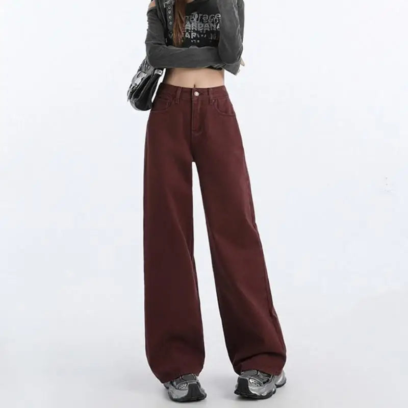 FINEWORDS Retro Angela Red Winter Jeans Women Thicken Cashmere High Waist Baggy Jeans Streetwear Casual Wide Leg Denim Pants