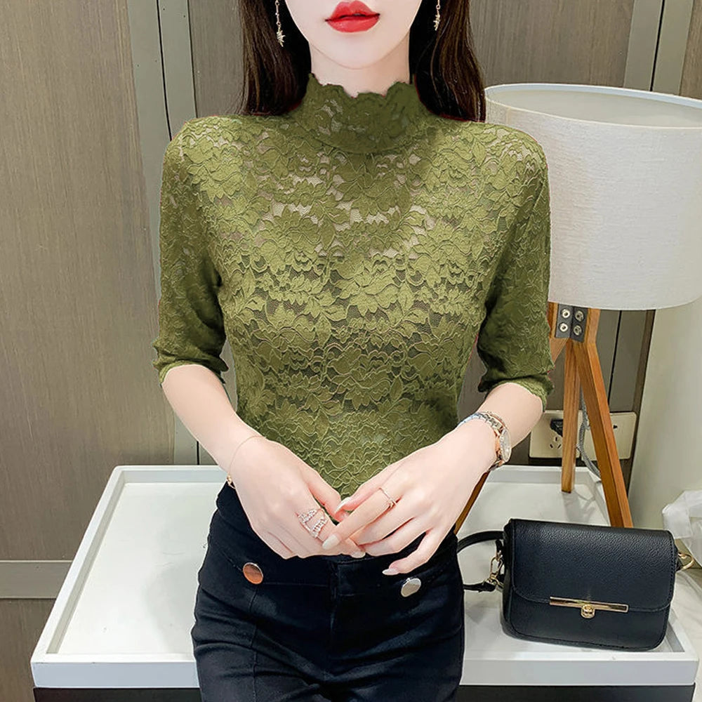 Women Stretch Turtleneck Petal Sleeve Shirt Women Blue Green White Black Flowers Lace T Shirt Ladies S-2XL Tops Fashion Ladies - Premium  from Lizard Vigilante - Just $3.99! Shop now at Lizard Vigilante