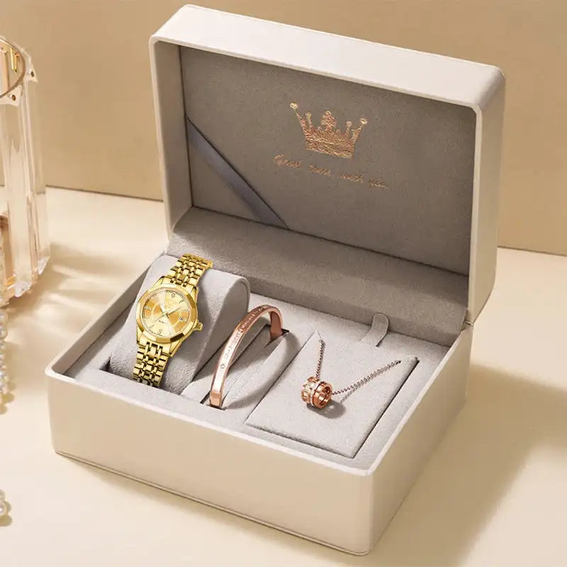 OLEVS Original Brand Elegant Women's Watches Waterproof Luminous Quartz Watch for Lady Necklace Bracelet Gift Box Set Calendar