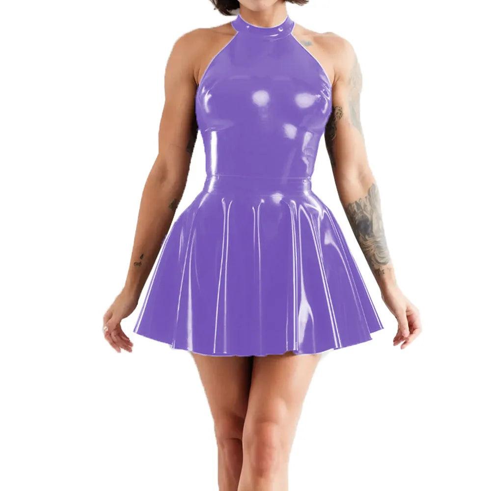 Shiny Sleeveless A-Line Pleated Mini Dress Halter Neck Skater Wet PVC Leather Swing Skirt Dress Latex-look Clubwear - Lizard Vigilante