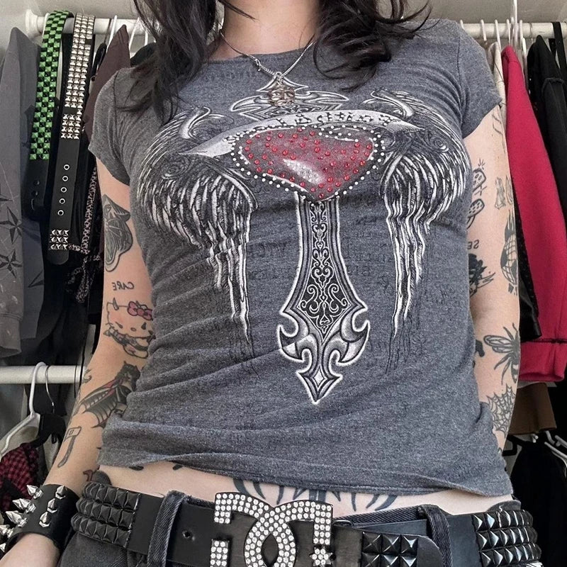 2000s Aesthetic Mall Goth E-girl Gothic T-shirt Retro Y2K Grunge Skull Wing Crop Tops Indie Graphic Print Short Sleeve Tee Women - Premium T-Shirt from Lizard Vigilante - Just $29.99! Shop now at Lizard Vigilante