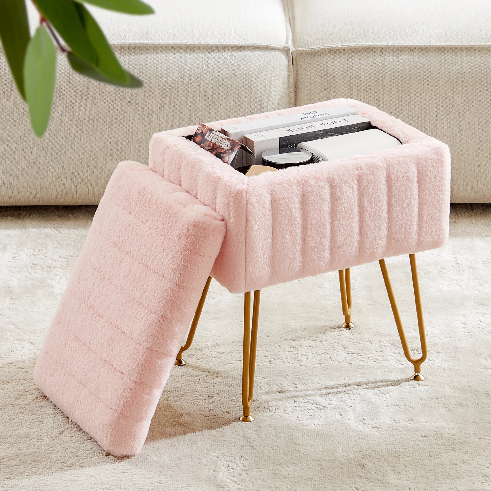 JHK Faux Fur Living Room Hidden Storage Stools & Ottomans Padded Makeup with 4 Metal Legs Anti-Slip Adjustable Feet for Home - Premium  from Lizard Vigilante - Just $85.99! Shop now at Lizard Vigilante