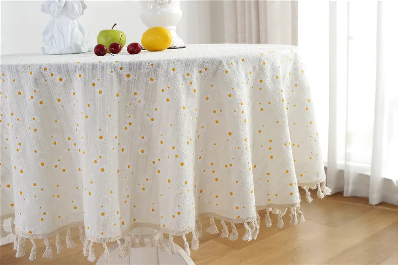 Cotton Table Cloth Round Tablecloth with Tassel Dust-Proof Floret Circular Table Cover for Kitchen Dinning Room Tabletop Decor