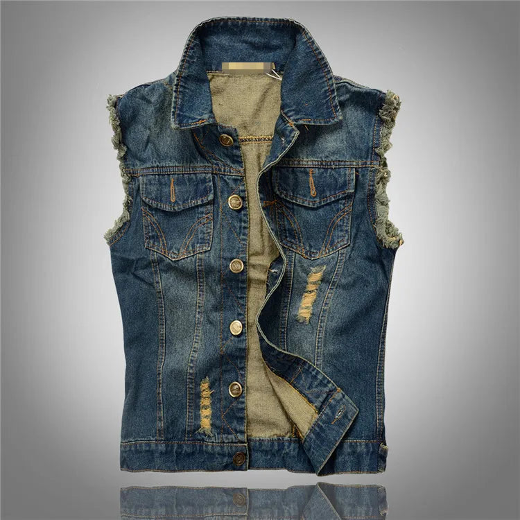 FALIZA New Men's Denim Vest - Ripped Sleeveless Jeans Jacket - Premium denim vest from Lizard Vigilante - Just $42.88! Shop now at Lizard Vigilante