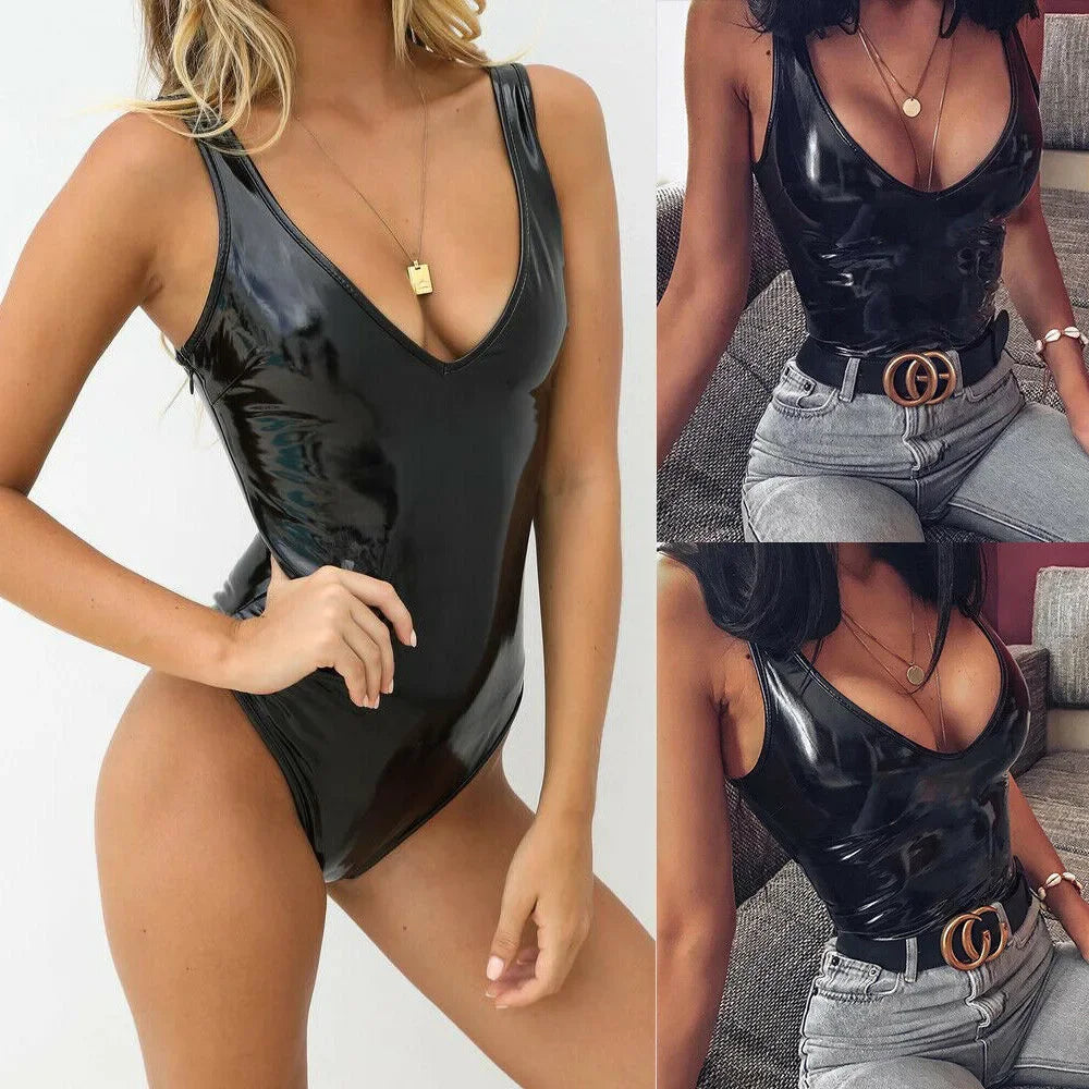 2024 Sexy V Low-Cut PU Leather Backless Bodycon Jumpsuit – Plus Sizes 3XS-10XL - Premium jumpsuit from Lizard Vigilante - Just $41.88! Shop now at Lizard Vigilante