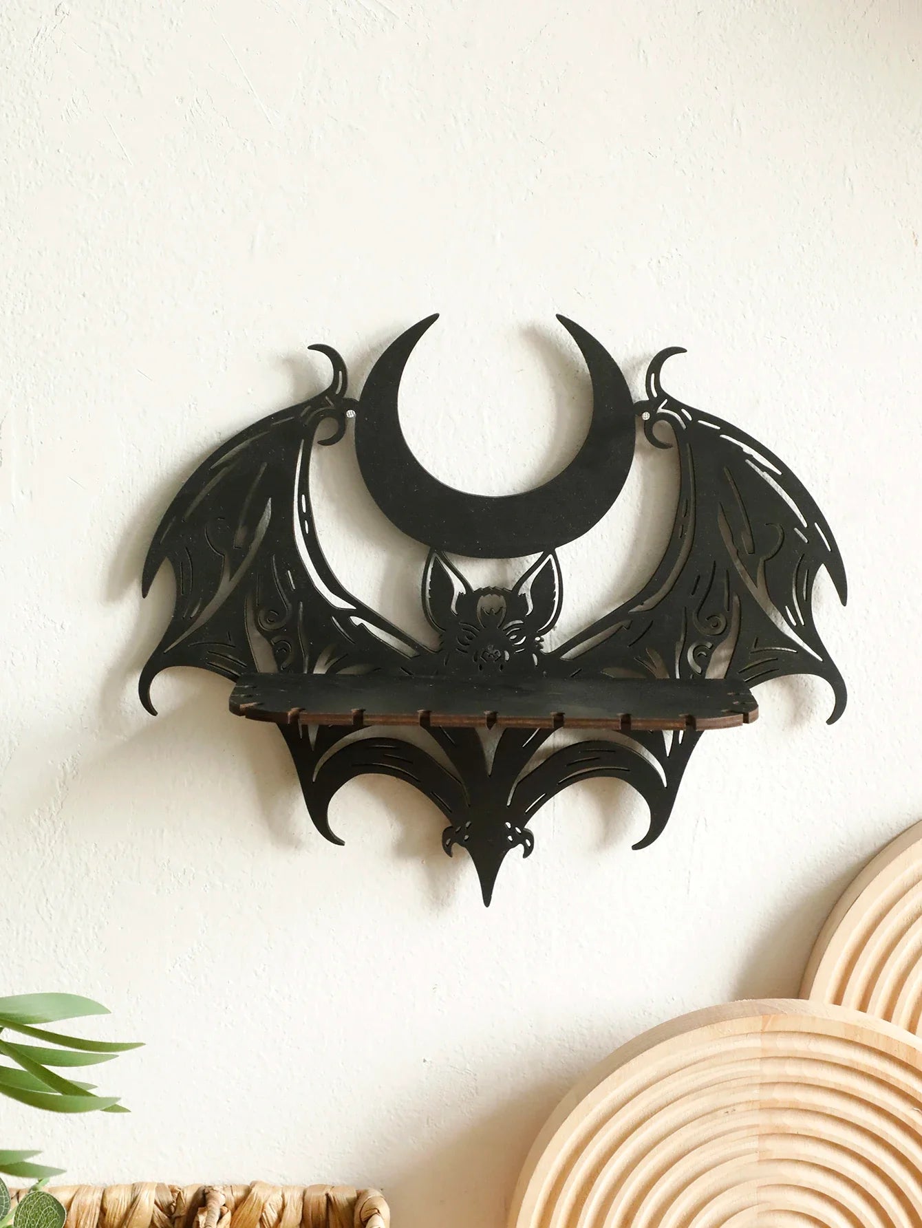 Black Halloween Wooden Wall Shelf Gothic Bat Moon Hollow Pattern Floating Shelf Crystal Holder Goth Home Decor Witch Room Decor