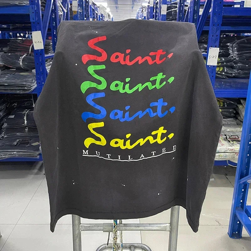 Men Women High Street Vintage Washed Black T-Shirt Top Quality Cototn TEE 3D Cracked Letters Logo Print Saint T Shirt With Tags - Premium  from Lizard Vigilante - Just $64.99! Shop now at Lizard Vigilante