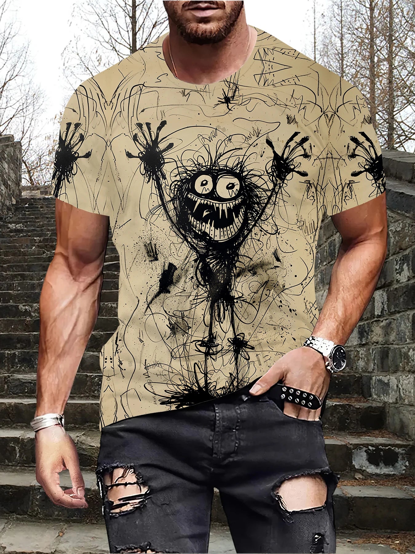 Men's Retro Sketch Style Cheering Monster Illustration Print T-shirt Crew Neck And Short Sleeve Tee, Summer Tops For Street Wear - Premium  from Lizard Vigilante - Just $24.99! Shop now at Lizard Vigilante