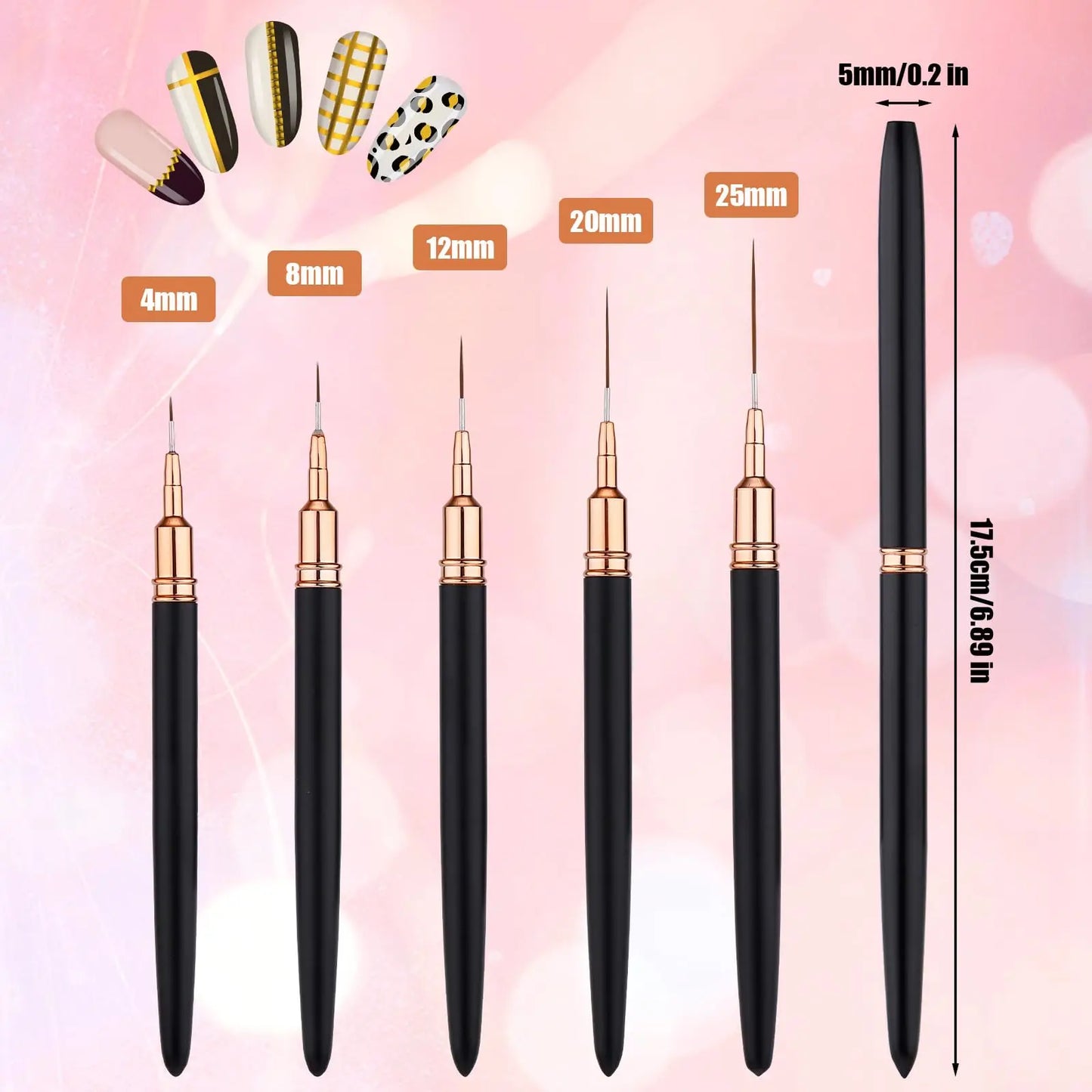 5Pcs Professional Nail Paint Liner Brush Set Small Polish Design Technique Fine Line Stripe Brushes for Nail Art Detailing