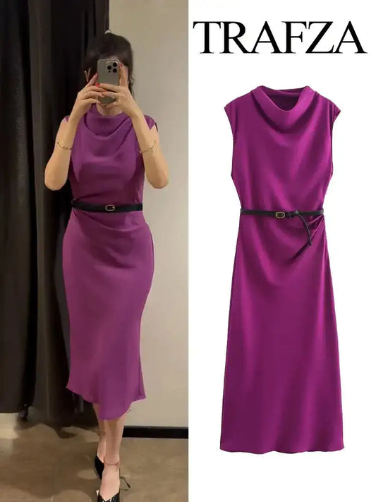 TRAFZA Women's Autumn New Fashion Versatile Belted Midi Slim Long Dress Female Elegant High Street Sleeveless Casual Dress Mujer