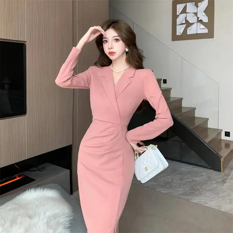 Women Pink Pleated Bodycon Formal Long Dress Autumn Winter Long Sleeve Chic Suit Dress 2025 Korean Fashion Elegant Party Dresses