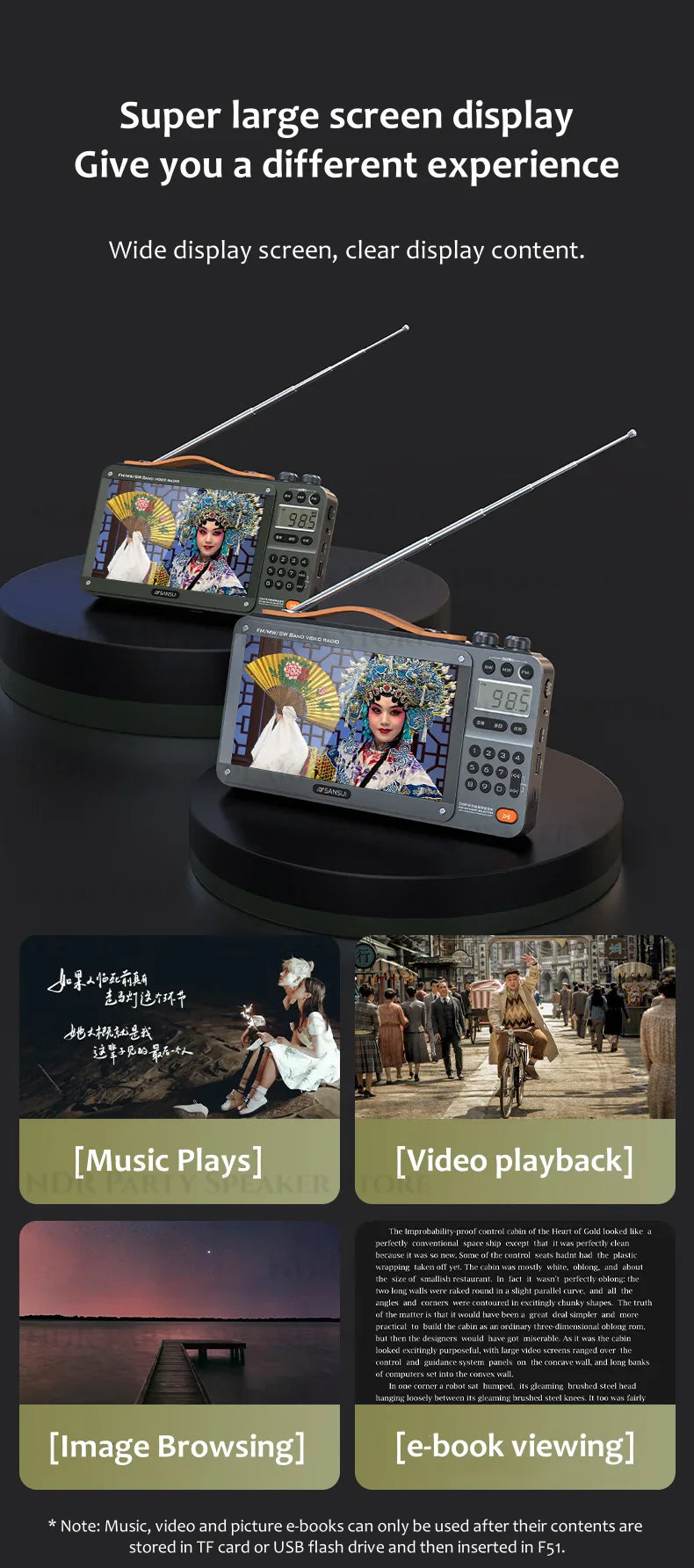 SANSUI Wireless Bluetooth Speakers Home Full-band Radio LED HD Video Player Portable MP4 Walkman Built-in Rechargeable Battery