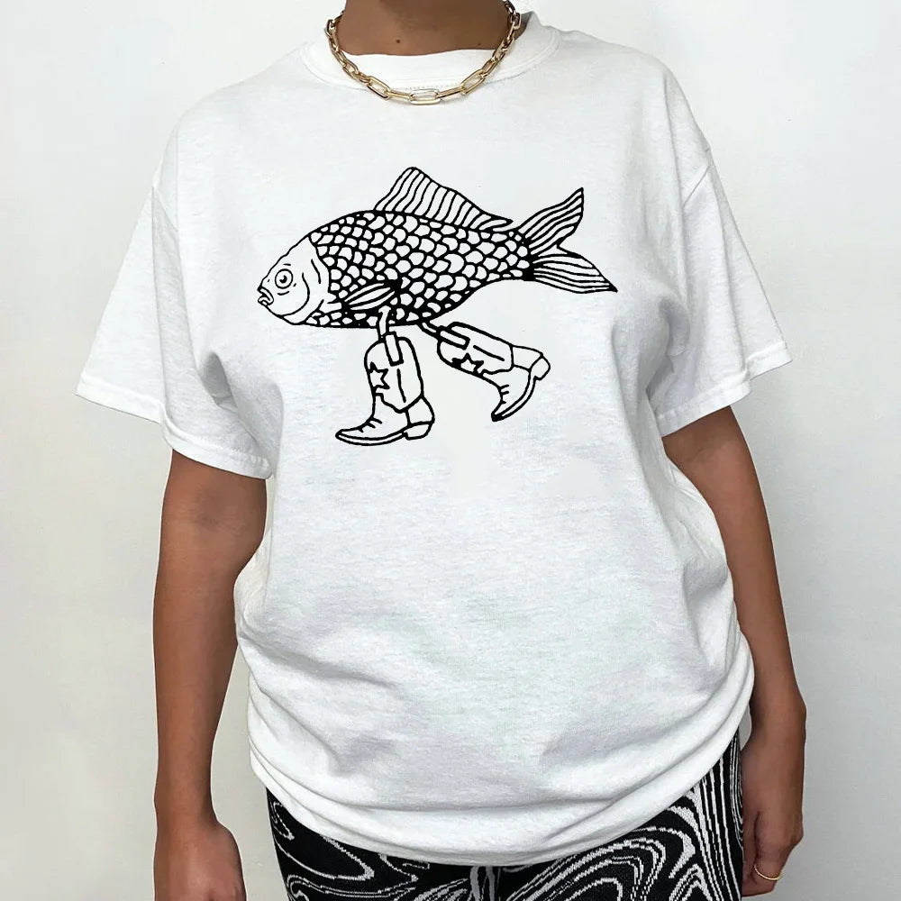 Walking Fish Printing Graphic Funny Tees Women Short Sleeve Loose Cotton Casual T Shirts White Summer Fashion Aesthetic Shirts - Premium  from Lizard Vigilante - Just $43.99! Shop now at Lizard Vigilante