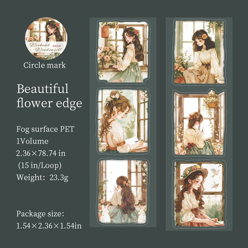 1roll Tape Weekend Window Sill Series Leisure Character Window PET Tape Decoration Notebook Photo Frame Stationery DIY Stickers