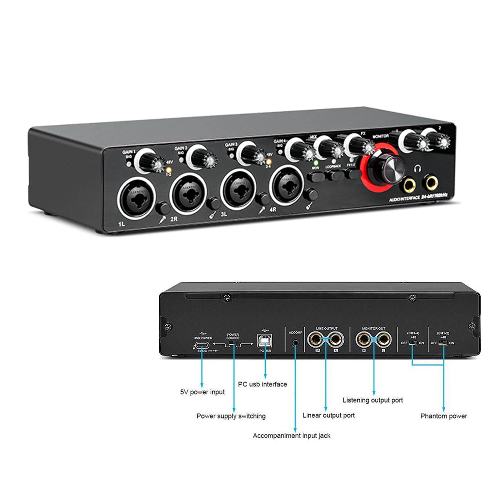 Professional 24Bit 192KHz Audio Interface Sound Card 4 Channel Sound Card for Guitar Loopback USB External Studio PC Recording - Premium  from Lizard Vigilante - Just $75.99! Shop now at Lizard Vigilante