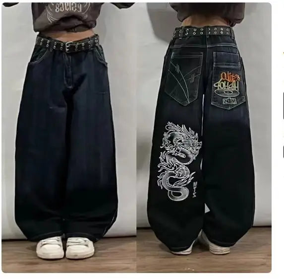 2023 New American Harajuku retro skull print straight high waist Y2K women's washed grey jeans Streetwear Gothic wide trousers