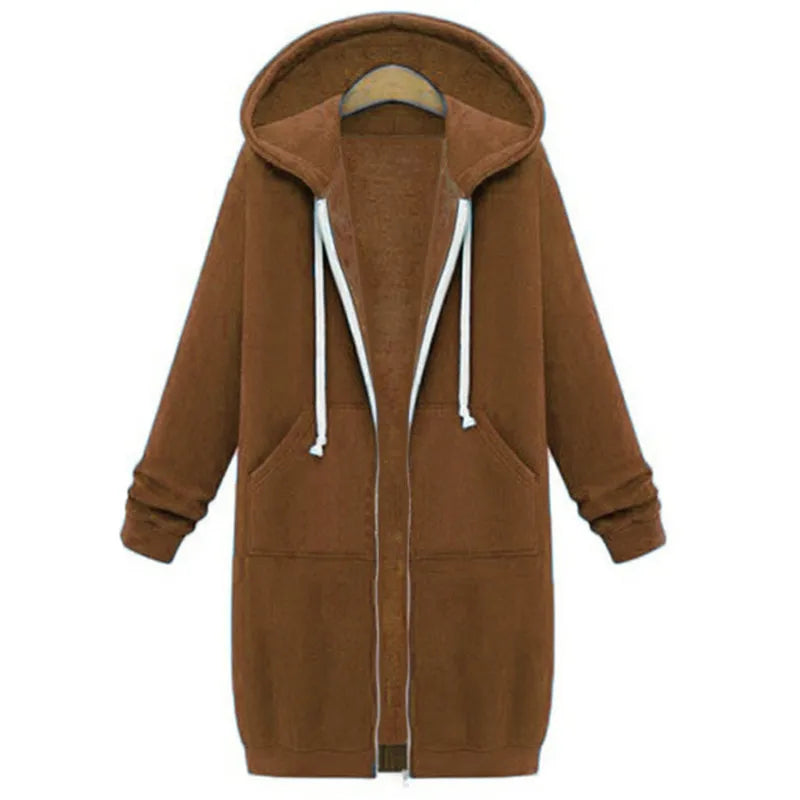 Women’s Long Hooded Sweatshirt Thick Loose Solid Color Pocket Coat Autumn Winter Fashion Hoodie