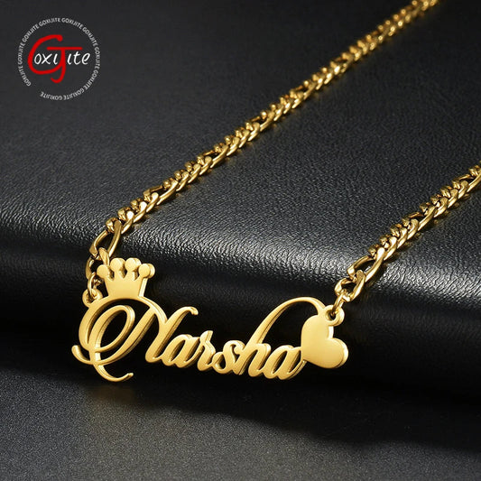 Goxijite Custom Name Collar Customized Crown Heart Nameplate Charm Necklaces Figaro Chain Stainless Steel Women Jewelry Gift