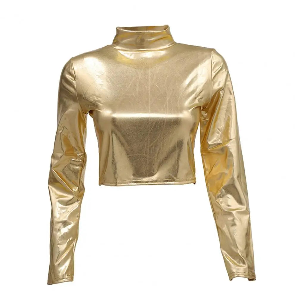 PU Short Top Women Shiny Leather Top Glossy Faux Leather Long Sleeve Skinny Pullover Elastic Nightclub Stage Show Party Crop Top - Premium  from Lizard Vigilante - Just $6.99! Shop now at Lizard Vigilante