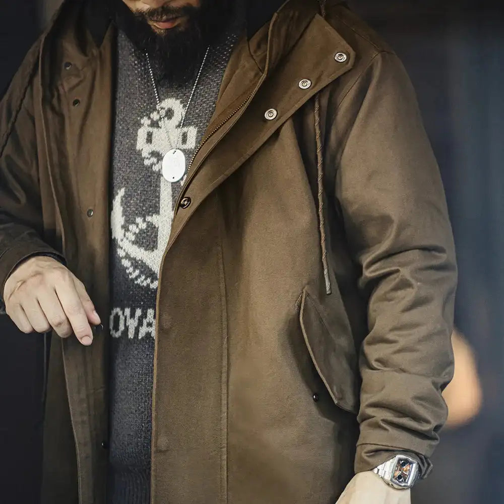 Maden Retro M51 Hooded Windbreaker Loose Fit Cotton Zipper Mid-length Jacket Versatile Solid Color Outerwear for Men's Autumn