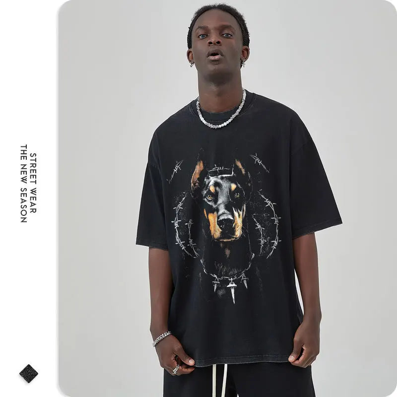 Doberman T-shirts Oversized Vintage Washed Hip Hop High Street T Shirt Retro Cute Dog DTG Printing Short Sleeve Tops Tees Cotton - Premium  from Lizard Vigilante - Just $19.99! Shop now at Lizard Vigilante