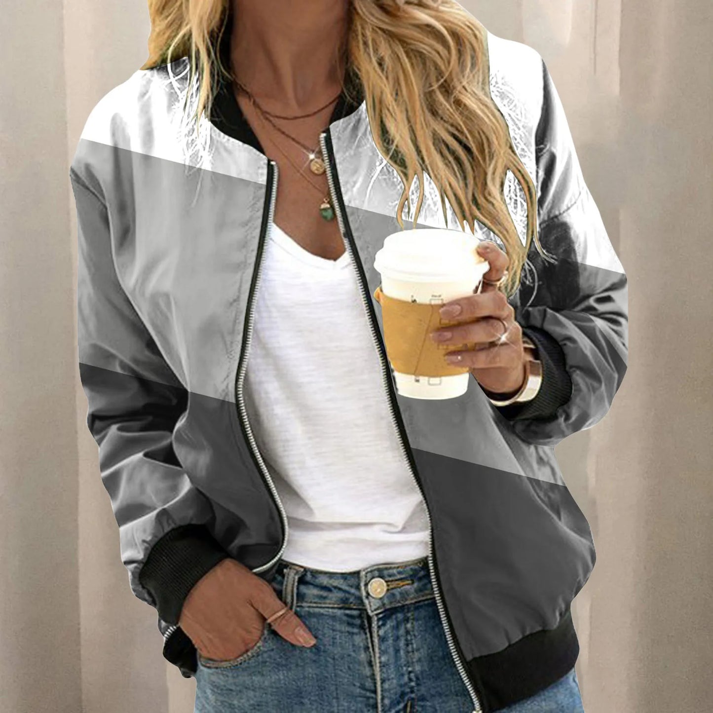 2024 Autumn Elegant Zipper Bomber Jacket for Women Striped Jackets Office Ladies Zip Up Stand Collar Sports Coat Outwear - Premium jacket from Lizard Vigilante - Just $32.99! Shop now at Lizard Vigilante