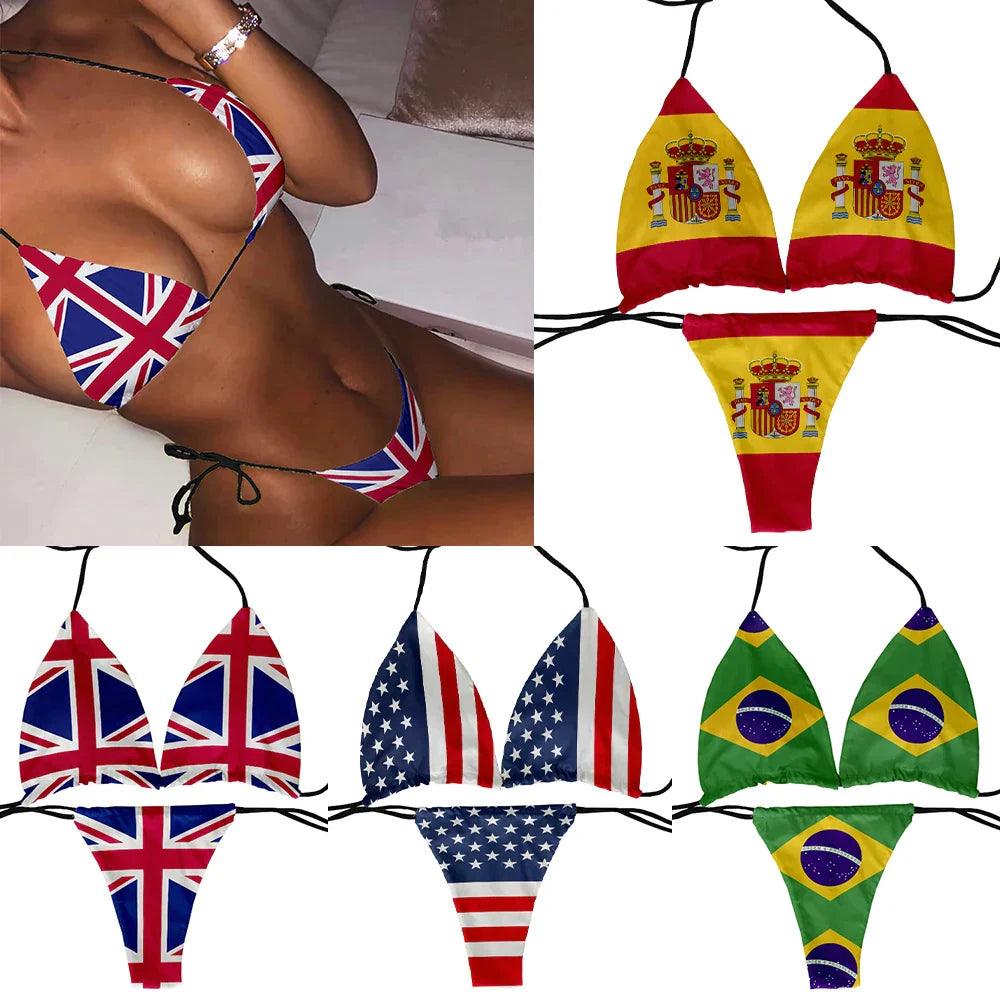 Fashion Flag Pattern 3D printing Swimsuit Women Desirable Two Piece Low Waist Halter Bathing Suits Beach Bikini - Lizard Vigilante