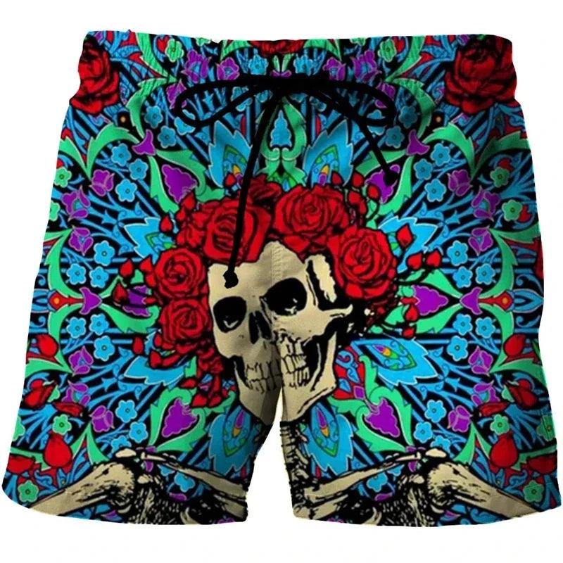 Funny Skull 3D Printed Skeleton Head Hawaiian Beach Shorts Hip Hop Goth Skeleton Graphic Gothic Short Pants for Men Vacation Boy Swim Trunks Swimmer Trousers - Lizard Vigilante