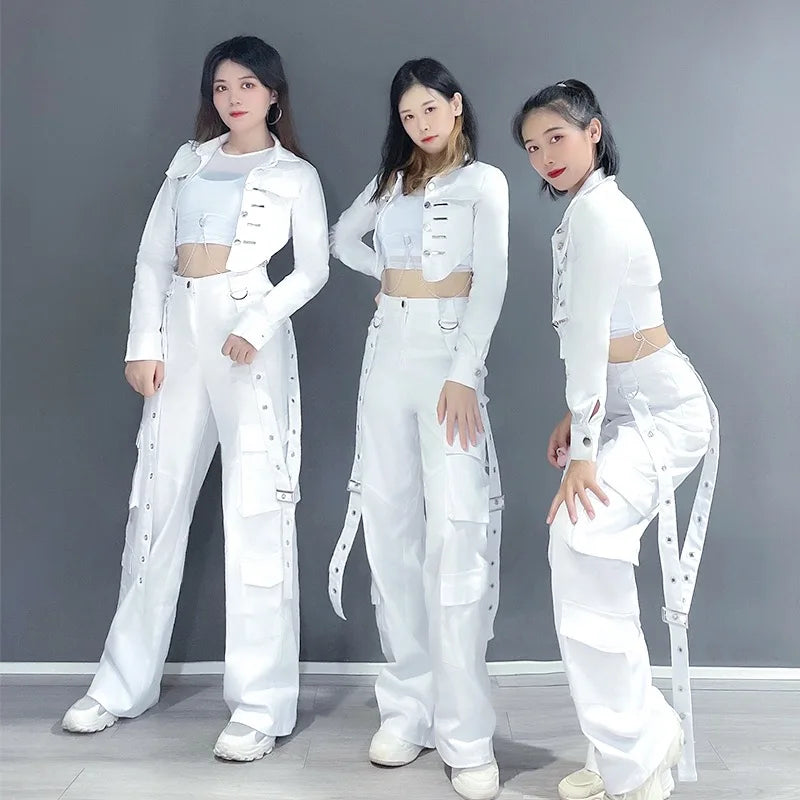 Kpop Korean New Women White Slim Crop Top Cargo Pants Concert Outfits Festival Clothes Lady Stage Rave Hip Hop Vest Dancer Suits - Premium  from Lizard Vigilante - Just $39.99! Shop now at Lizard Vigilante