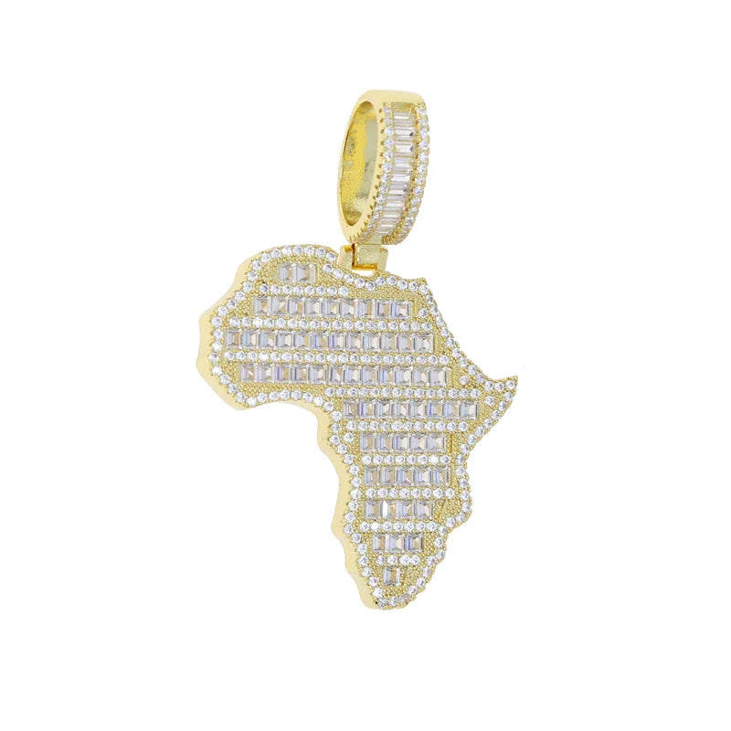New Arrive Rectangle Cubic Zirconia CZ Paved Bling Africa Map Shaped Pendant Necklace Hip Hop Men Boy Cool Meaning Jewelry