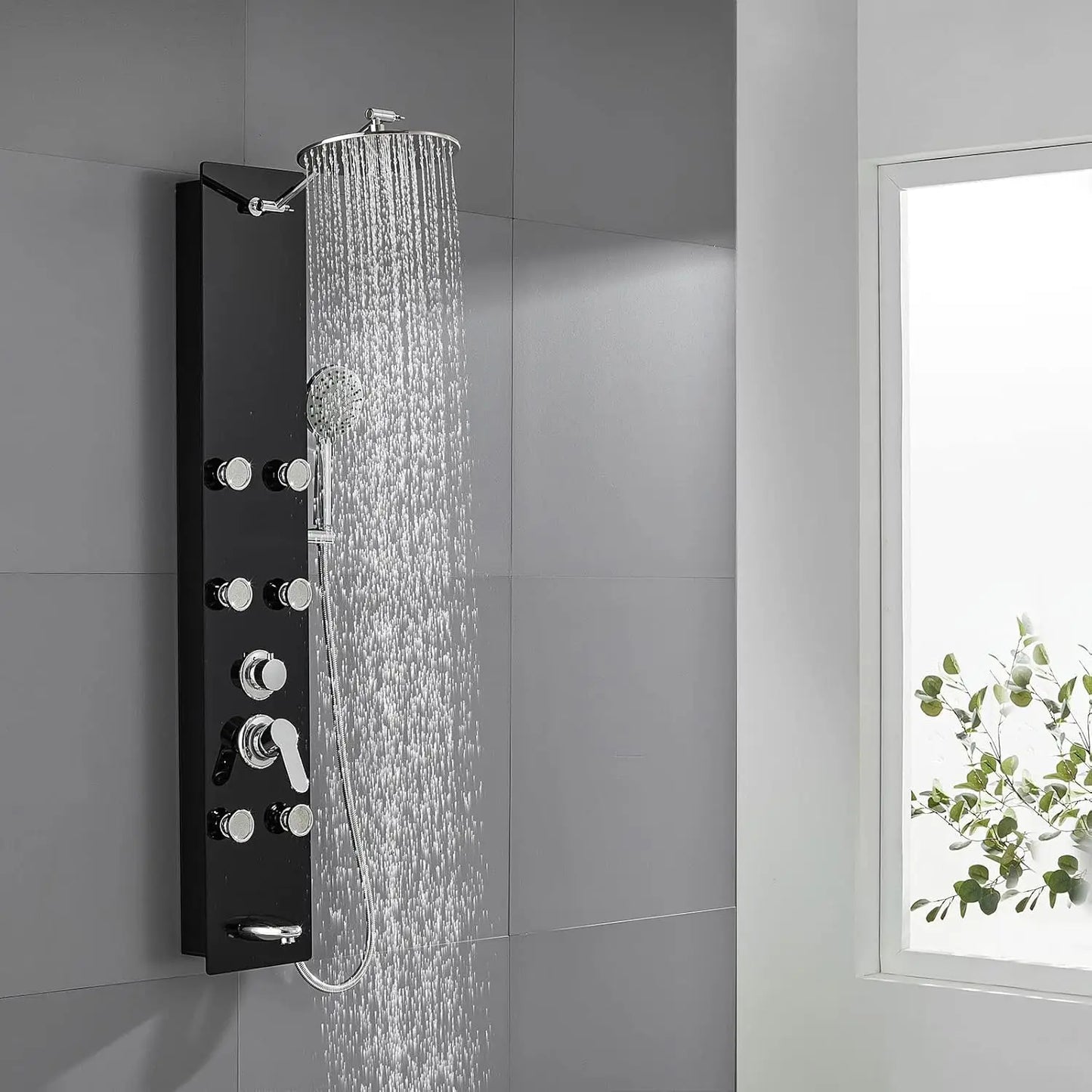 POPFLY LED Shower Panel with Shelf – Black 304 Stainless Steel, Multi-function Mist & Rainfall Shower System with Body Jets and Tub Spout - Premium shower panel from Lizard Vigilante - Just $146.99! Shop now at Lizard Vigilante