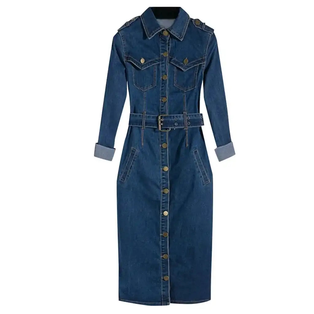 Vintage Button Up Jeans Dress Women Blue Lapel Denim Vestidos Winter Office Slim Long Sleeve Mid-Cuff Denim with Belt Long Dress
