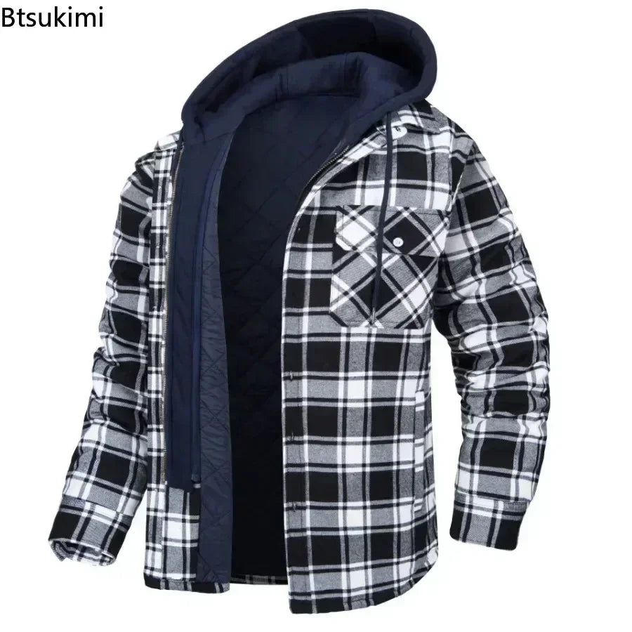 2024 Men's Winter Hooded Jacket – Warm, Thick Cotton Casual Coat with Detachable Hood & Plaid Design for Autumn & Winter - Premium  from Lizard Vigilante - Just $53.88! Shop now at Lizard Vigilante