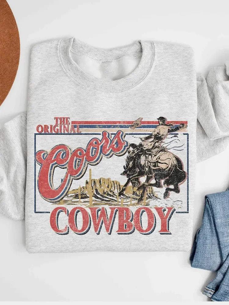 Autumn Vintage Style Cowboy Printing Crewneck Bodycon Sweatshirt Unisex Loose Cotton Thick Warm Women Pullovers Casual Western Tops - Premium tops from Lizard Vigilante - Just $47.99! Shop now at Lizard Vigilante