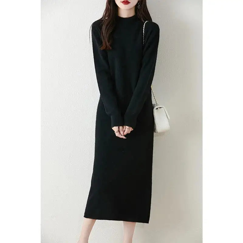 Autumn Winter Women's Wool Long Dress Cashmere Mock Neck Pullover Sweater 100% Merino Wool Soft Knitwear OL Simple Basic Dress