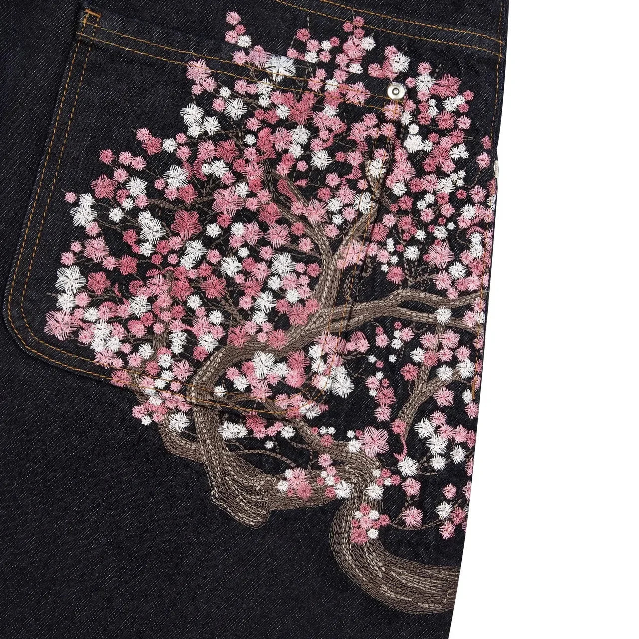 Cherry Blossom Selvedge Wide-Leg Jeans – Y2K Baggy Embroidered Denim Streetwear for Men & Women