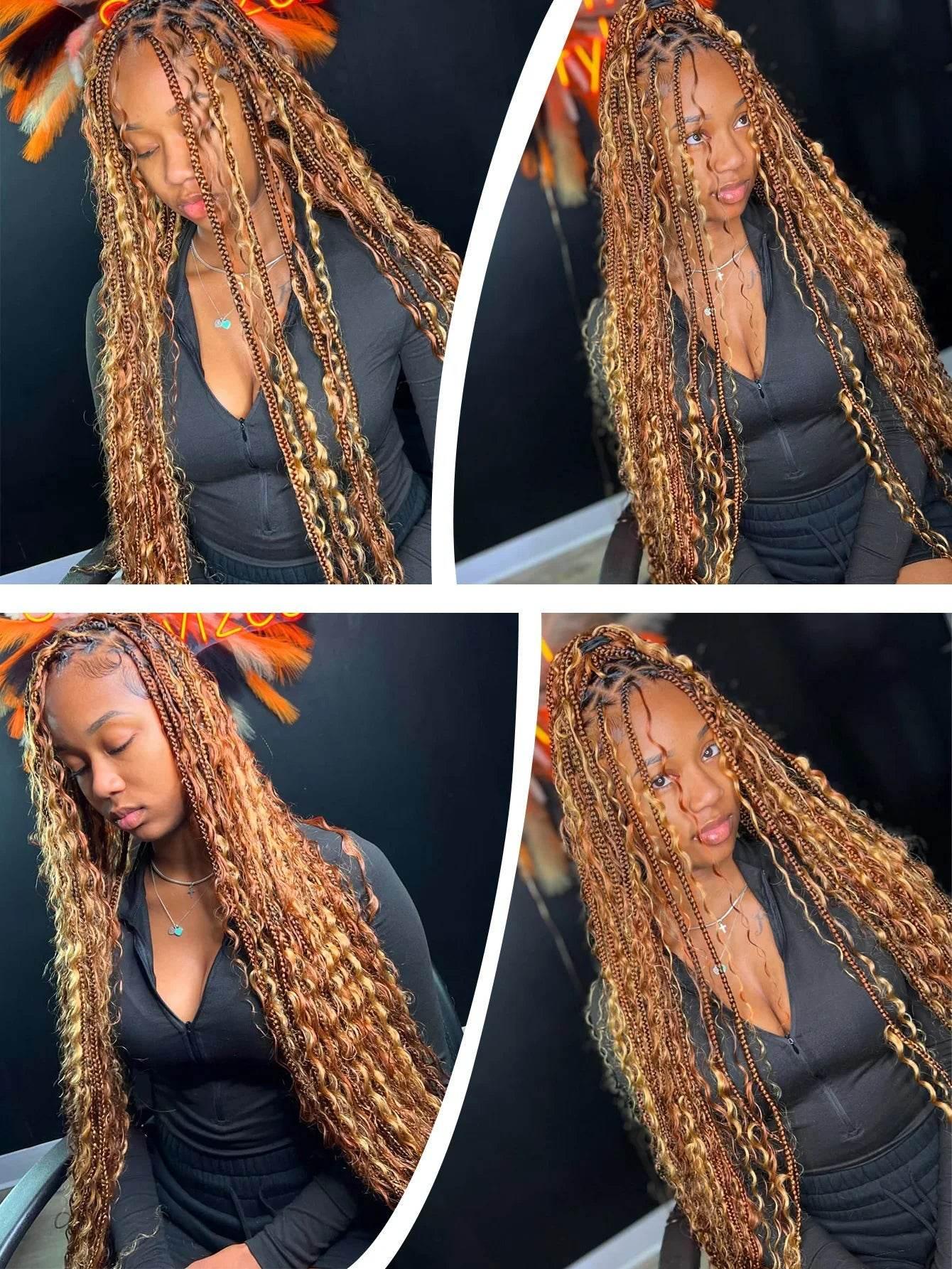 Boho Knotless Braided Wigs Synthetic Full Lace Braids With Curly Hair Ends Goddess Ombre Blonde Box Braided Wigs With Baby Hair