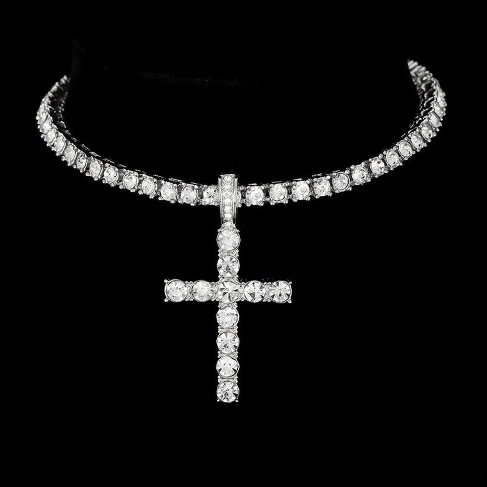 Hip Hop Cross Pendant Necklace Strap 4mm Zircon Tennis Chain Iced Out Sparkling Necklace Men Women Punk Jewelry Fashion Gift