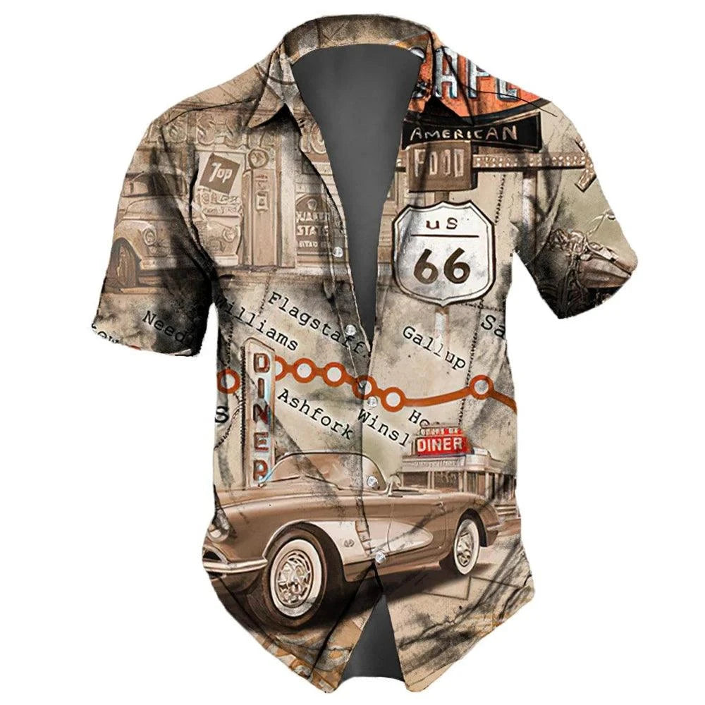 "U.S. Route 66 Retro Hawaiian Shirt" - 3D Fashion Short Sleeve Streetwear for Men - Premium hawaiian shirt from Lizard Vigilante - Just $26.66! Shop now at Lizard Vigilante