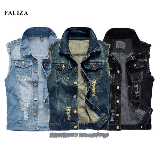 FALIZA New Men's Denim Vest - Ripped Sleeveless Jeans Jacket - Premium denim vest from Lizard Vigilante - Just $42.88! Shop now at Lizard Vigilante