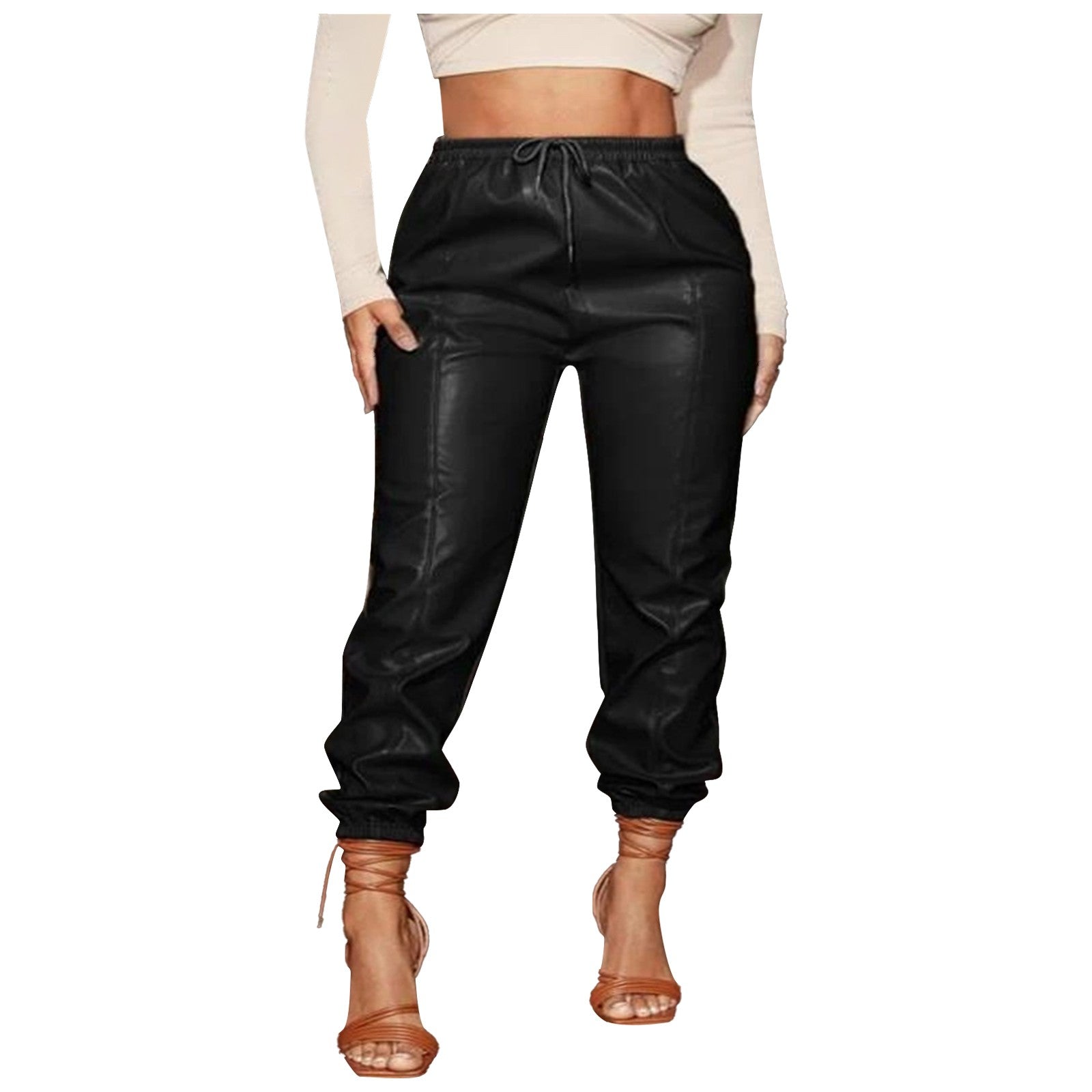 Women'S Trousers With Belt Solid Color Leather Pants Mid-Waist Fashion Straight Leg Bloomers Loose Female Black Pants New 바지 - Premium  from Lizard Vigilante - Just $10.99! Shop now at Lizard Vigilante